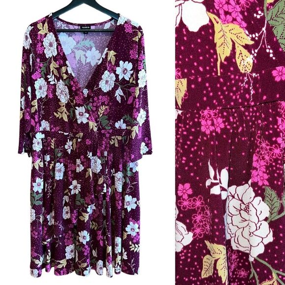 Torrid Sz 2 Studio Knit Faux Wrap Mini Dress Womens 2X (18/20) Wine Pink Floral - Picture 2 of 14